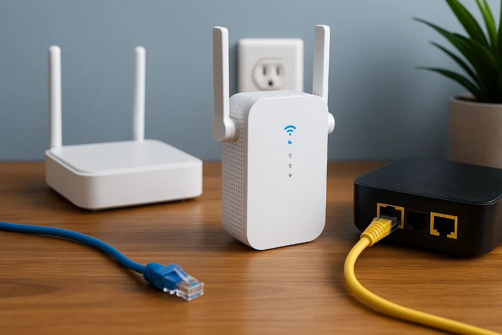 Білий Wi-Fi ретранслятор з антенами поруч із роутером і кабелями Ethernet