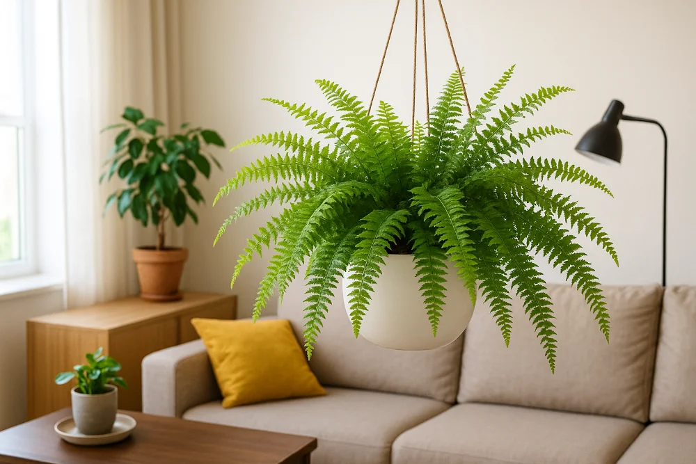 Зелена папороть у білому підвісному кашпо над бежевим диваном у світлій вітальні