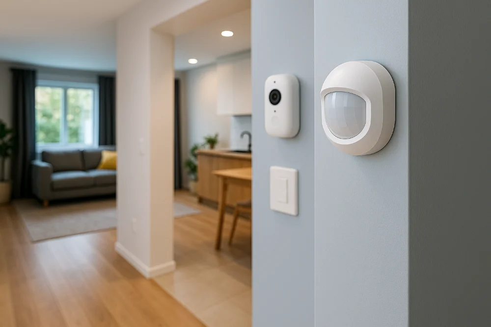 Датчик руху та камера у світлому сучасному будинку для розумного дому