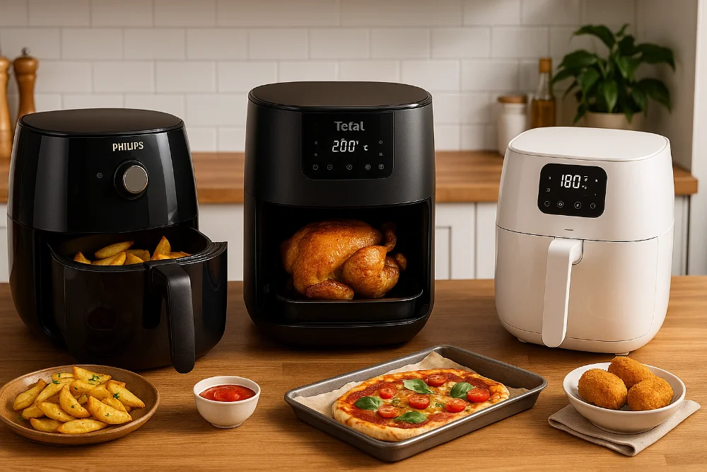 Мультипечі Philips, Tefal і Xiaomi з готовими стравами на кухонному столі