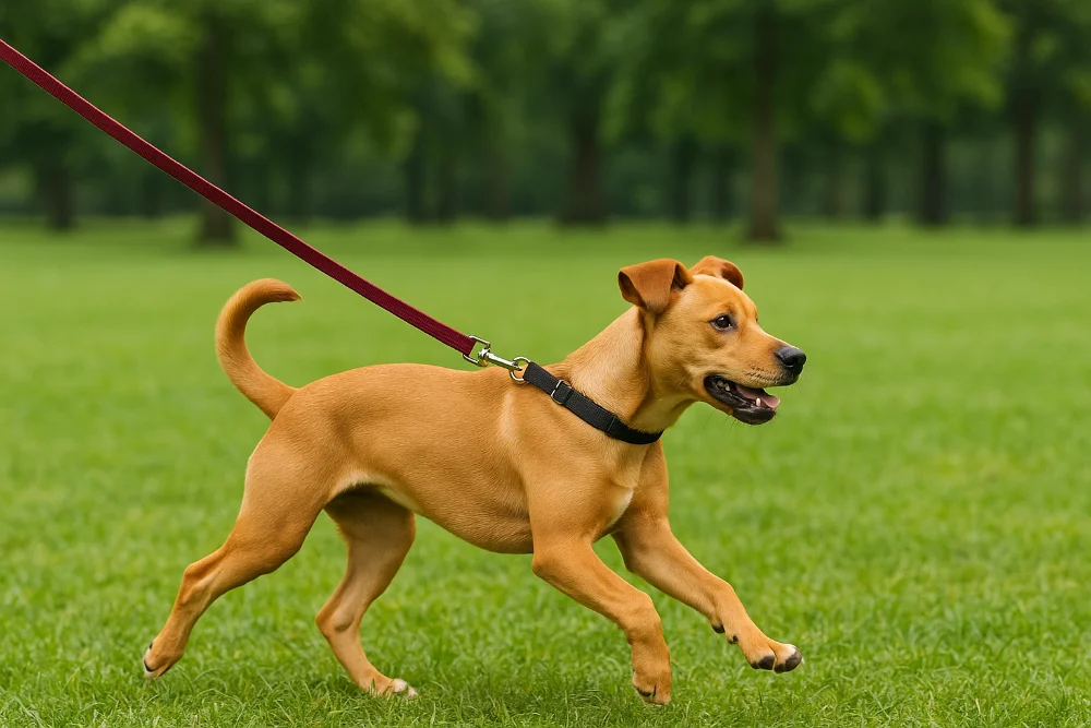 Руда собака середнього розміру біжить парком із повідком без господаря