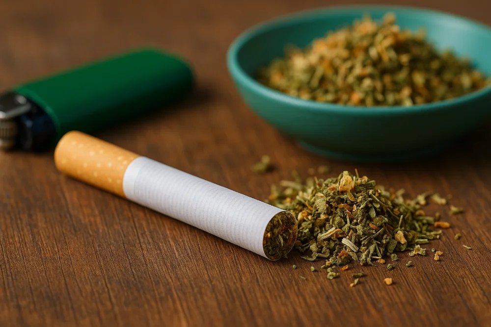 Трав’яна сигарета та суміш із сухих трав на дерев’яному столі