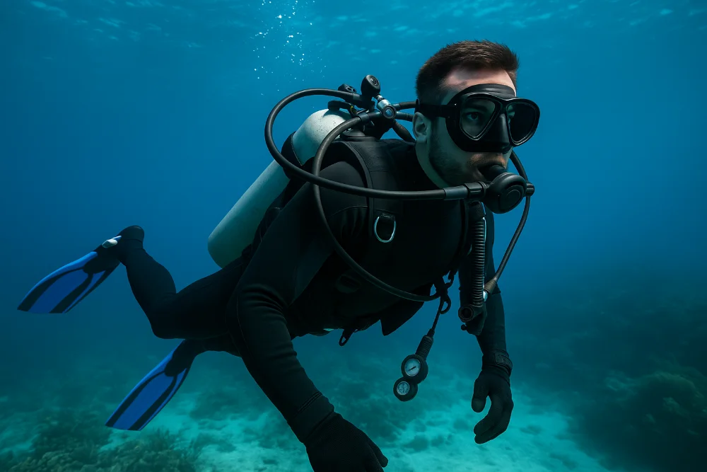 Чоловік у гідрокостюмі для дайвінгу плаває під водою з аквалангом і ластами