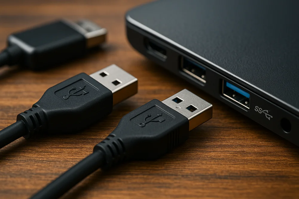 Два USB-кабелі 2.0 і 3.0 поруч із портами ноутбука на дерев’яній поверхні
