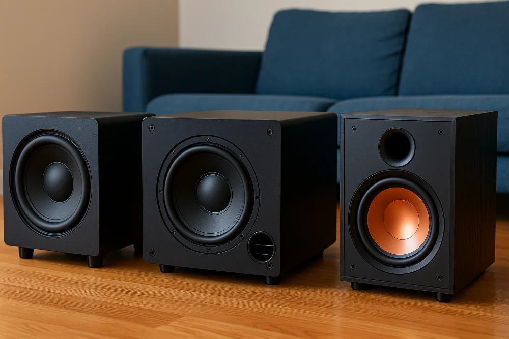 Три різні типи сабвуферів у вітальні на дерев’яній підлозі