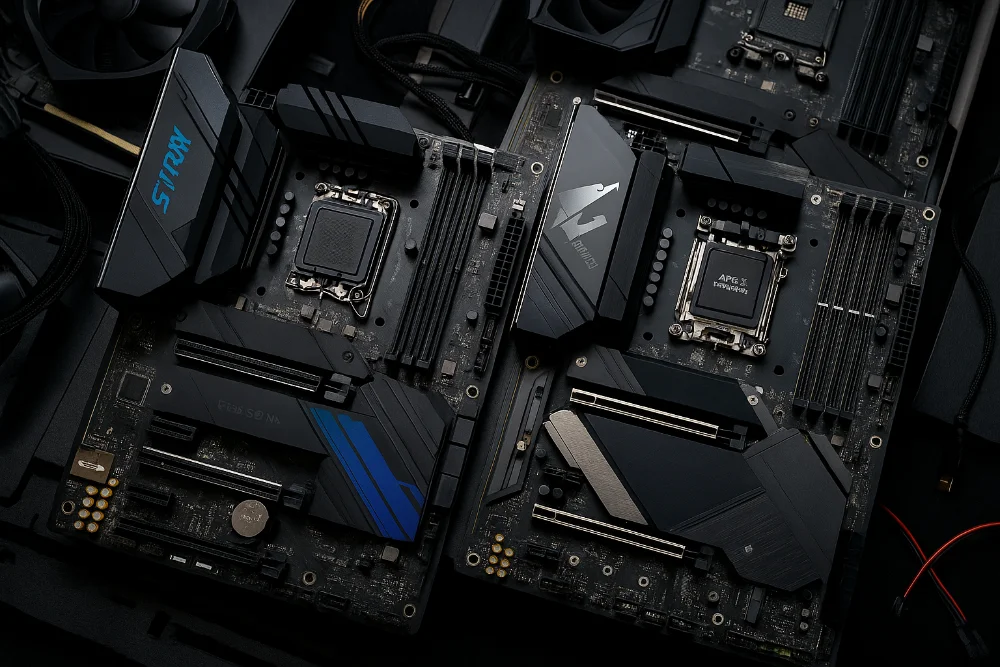 Дві сучасні материнські плати Intel і AMD поруч для порівняння функцій