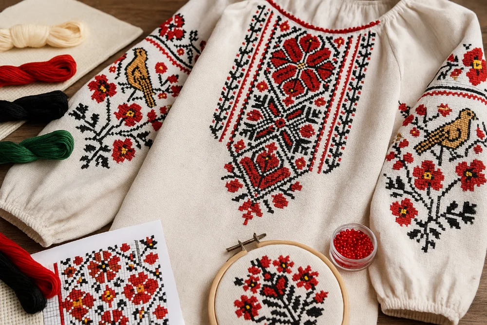 Вишиванка з червоно-чорними орнаментами та пташиними мотивами поруч із нитками, схемою й п’яльцями