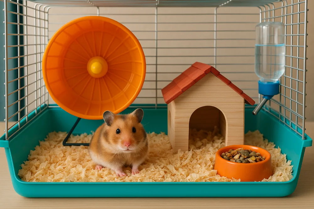 Хом’як у просторій клітці з колесом, будиночком, поїлкою та мисочкою