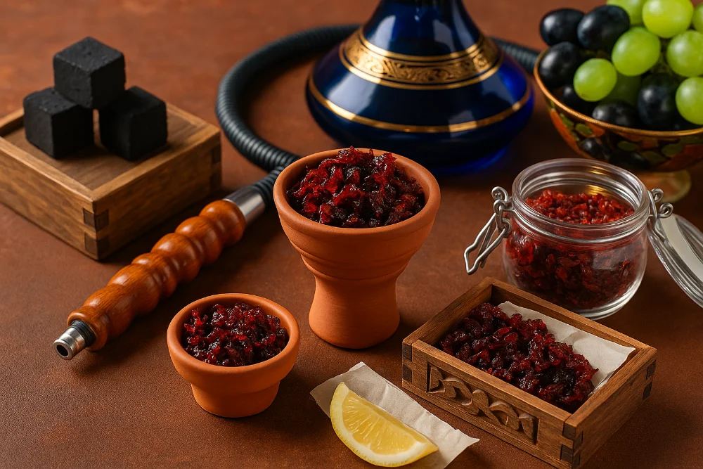 Тютюн для кальяну у чаші з дерев’яними аксесуарами, вугіллям і виноградом