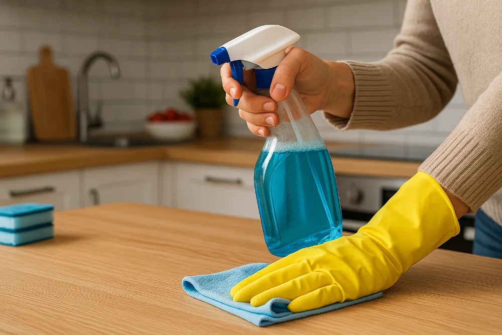 Людина у рукавичках дезінфікує кухонну поверхню спреєм та мікрофібровою серветкою