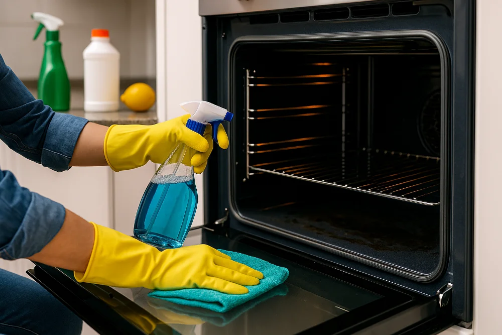 Людина в рукавичках чистить духовку серветкою та спреєм