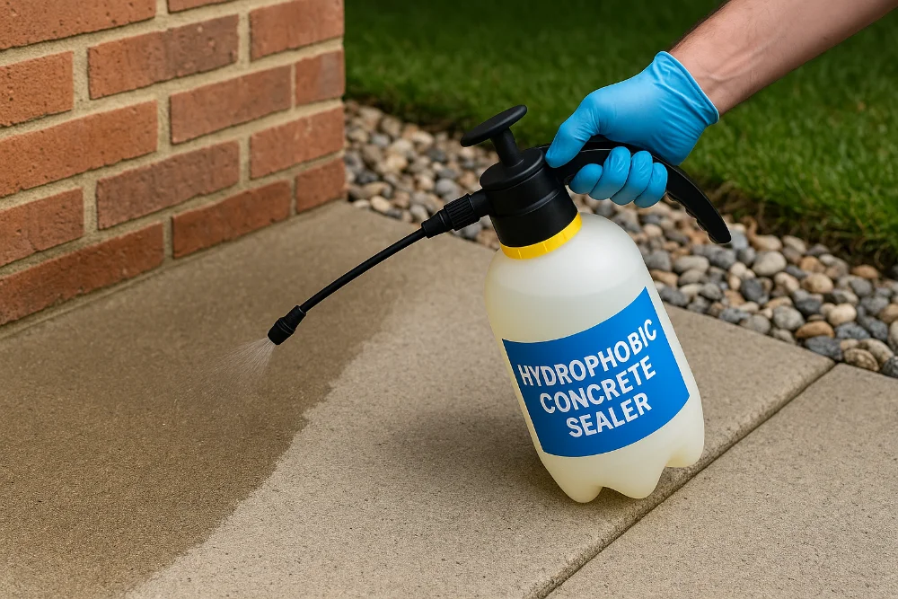 Робітник обробляє бетон гідрофобізатором за допомогою ручного розпилювача