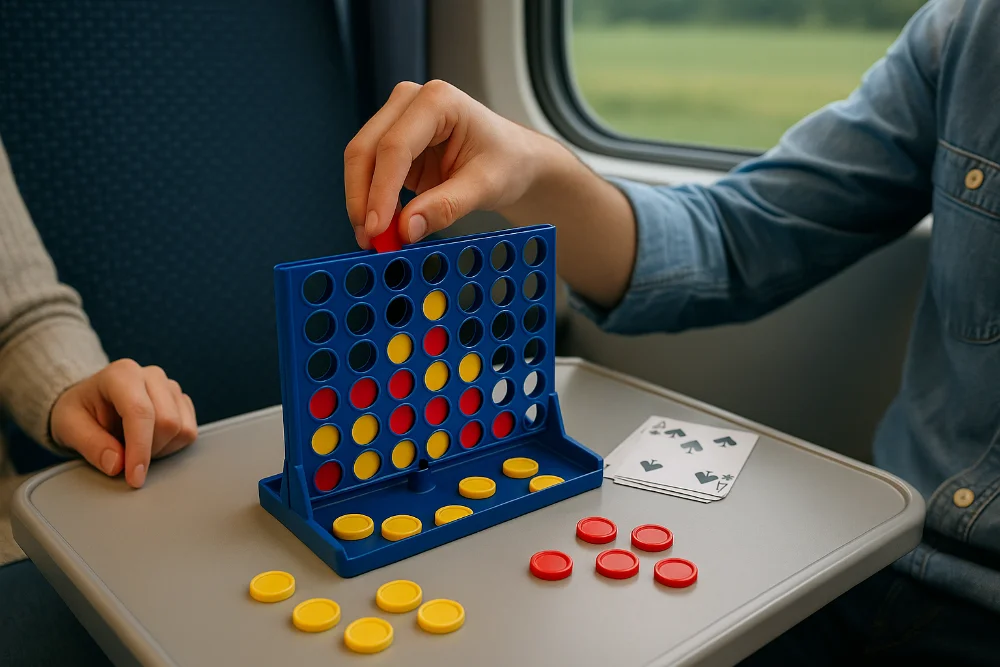 Двоє пасажирів у поїзді грають у настільну гру Connect Four на столику