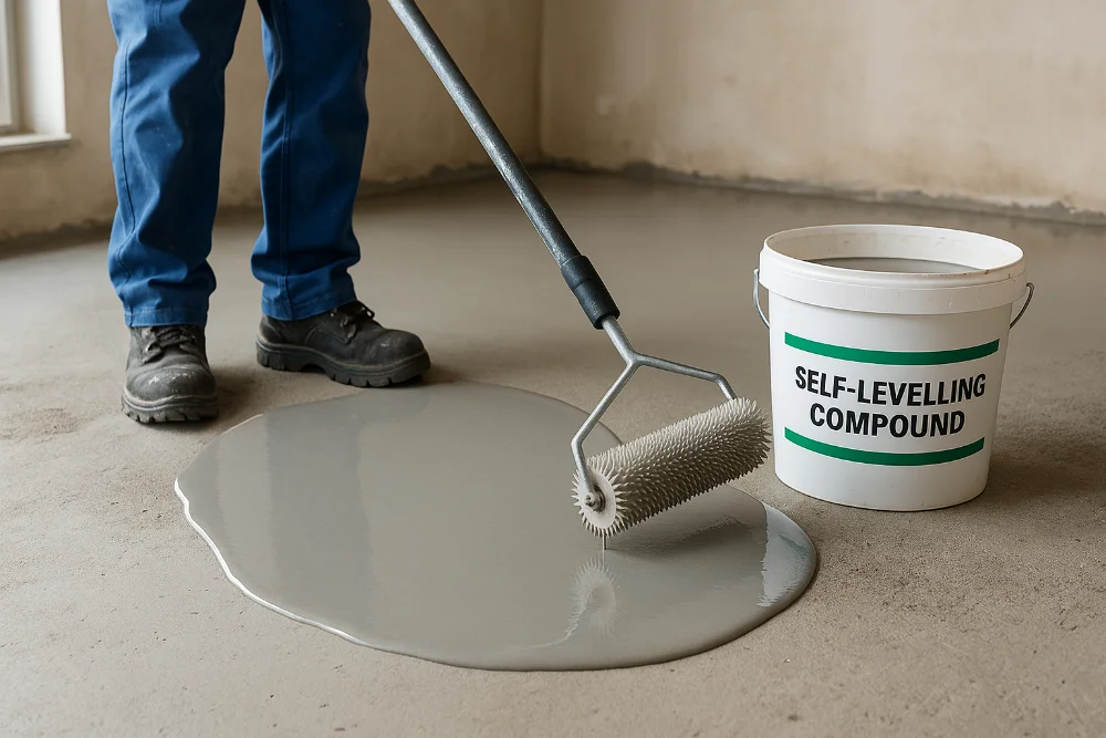 Робітник розподіляє самовирівнювальну суміш по бетонній підлозі валиком