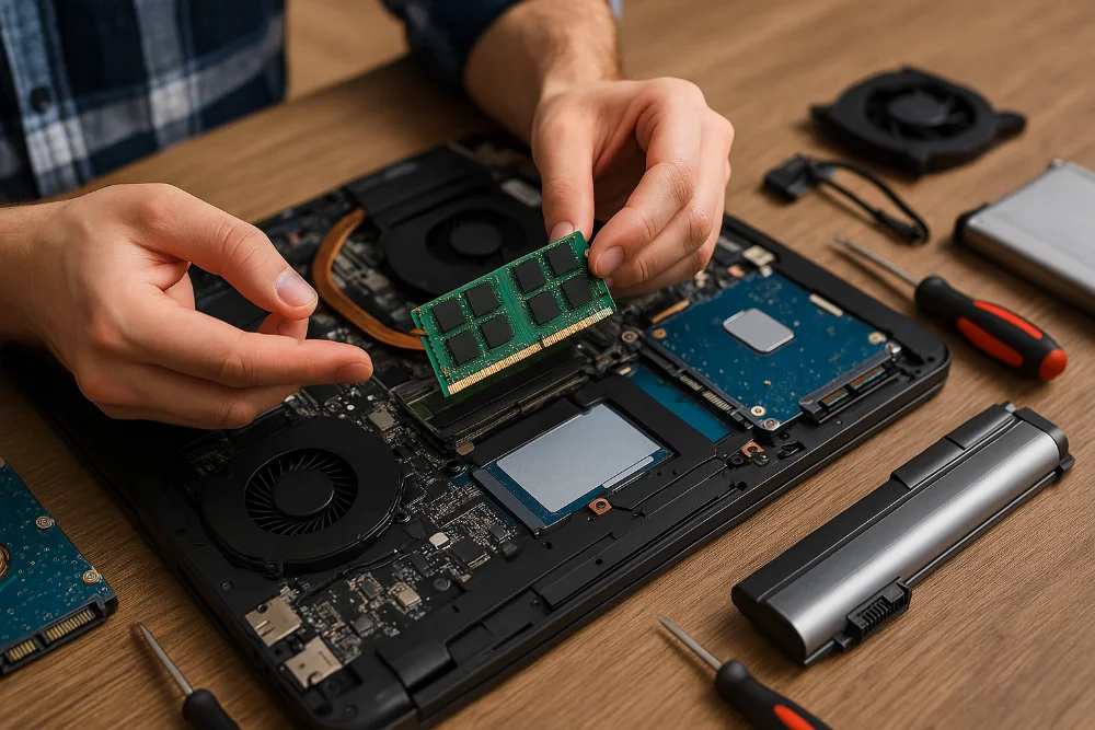 Людина встановлює оперативну пам’ять у відкритий ноутбук під час апгрейду