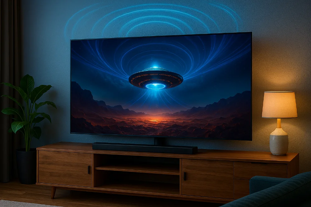 Телевізор з великим екраном і саундбаром відтворює просторовий звук Dolby Atmos та DTS:X