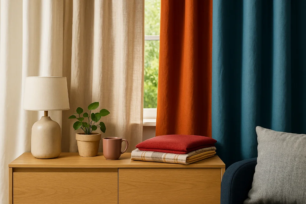 Кольорові штори з різних тканин у вітальні з декором та природним освітленням