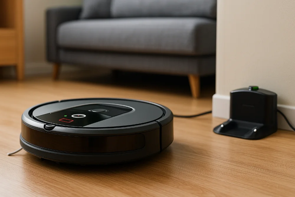 Робот-пилосос з розрядженою батареєю стоїть на підлозі біля зарядної станції