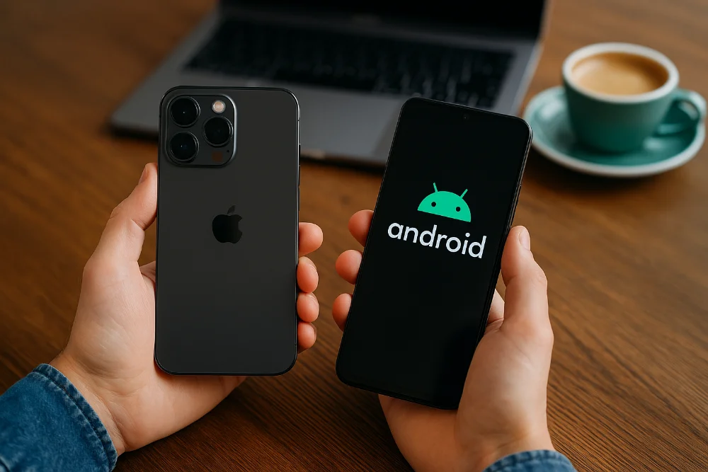 Людина тримає в руках iPhone і смартфон Android поруч на столі з ноутбуком і кавою