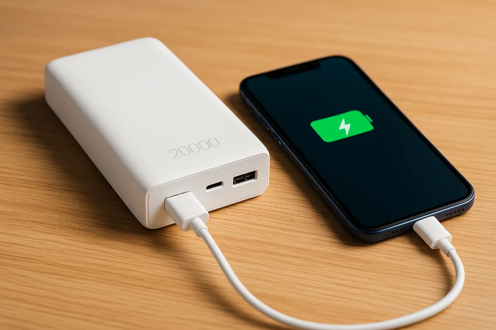 Білий павербанк на 20000 mAh заряджає смартфон на дерев’яній поверхні