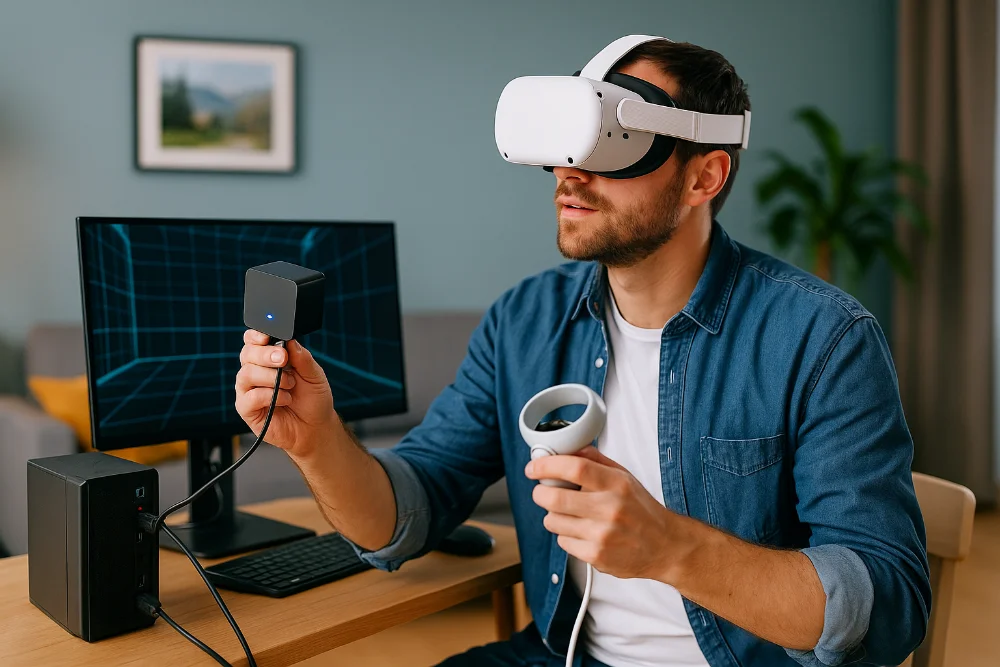 Чоловік налаштовує VR-гарнітуру з контролером і сенсором у кімнаті