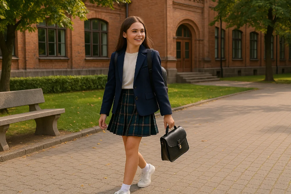Дівчинка у шкільному образі з піджаком і спідницею в клітинку біля школи