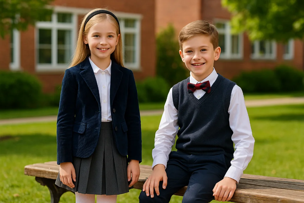 Дівчинка і хлопчик у шкільному одязі під час фотосесії на подвір’ї школи