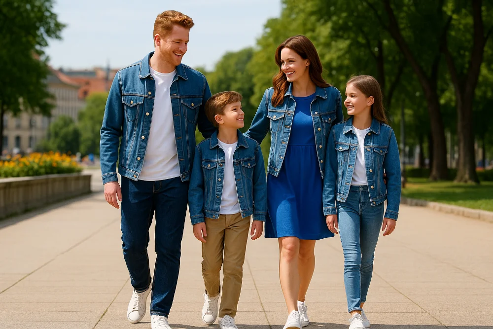 Родина з чотирьох осіб у гармонійному family look прогулюється парком