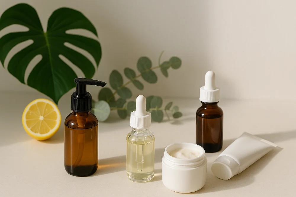 Широкоформатне фото доглядових засобів від акне та пігментації на світлому фоні