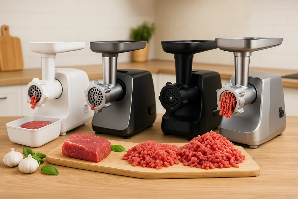 Фотографія кількох сучасних електром'ясорубок із фаршем на кухонному столі