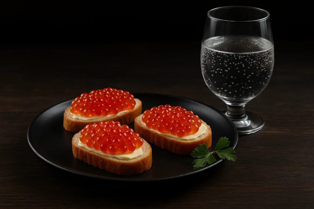 Апетитна червона ікра на хлібі з маслом і зеленню на стильній тарілці