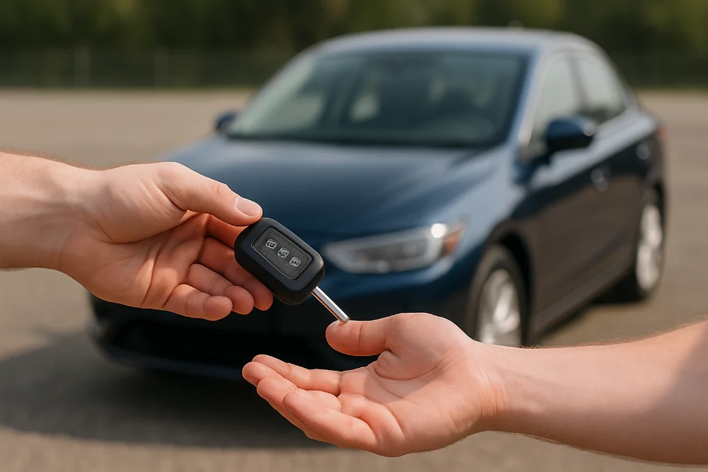 Дві руки передають ключі від автомобіля на фоні розмитого синього седана