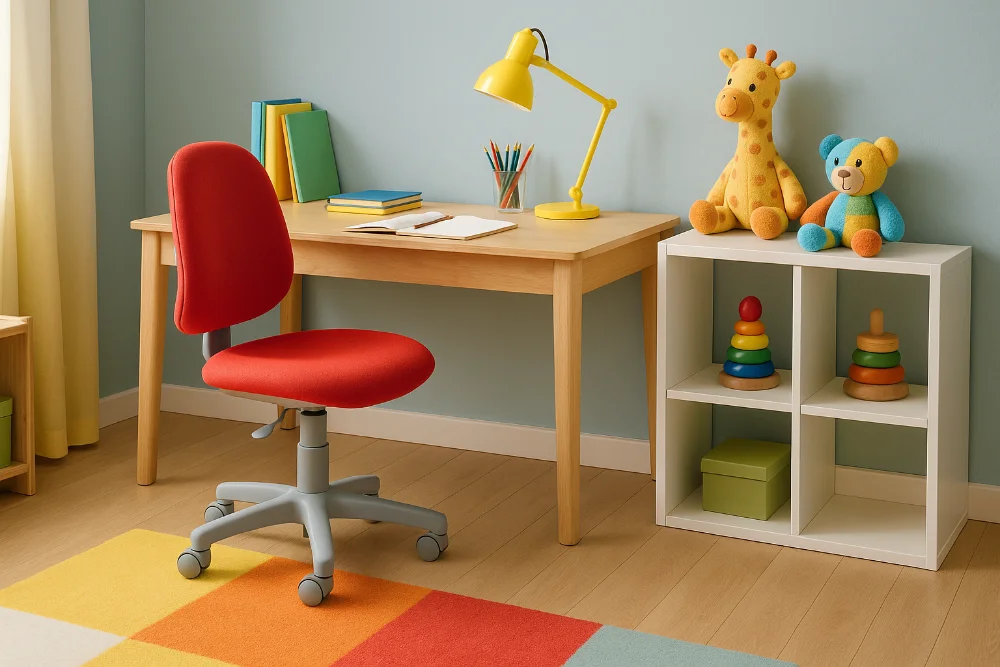 Яскрава дитяча кімната з червоним ергономічним стільцем, столом, книжками та іграшками
