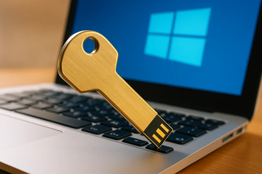 Золотий ключ-USB для активації Windows поруч із ноутбуком