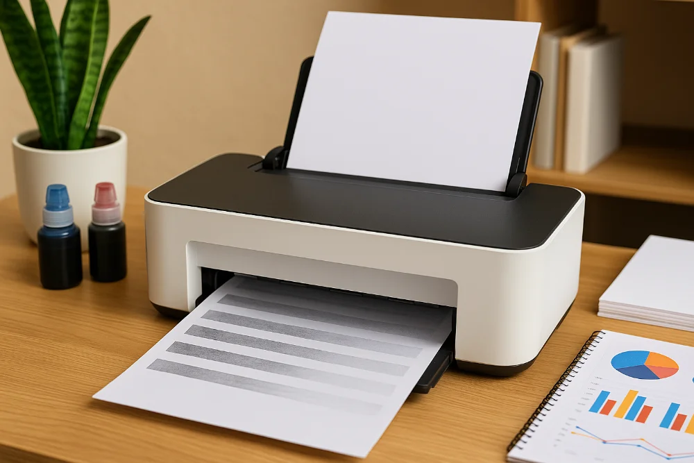 Струменевий принтер у домашньому офісі друкує сторінку зі смугами