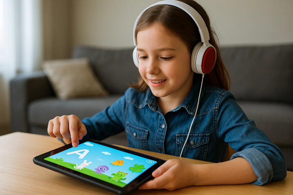 Дівчинка шкільного віку у навушниках навчається з планшетом вдома