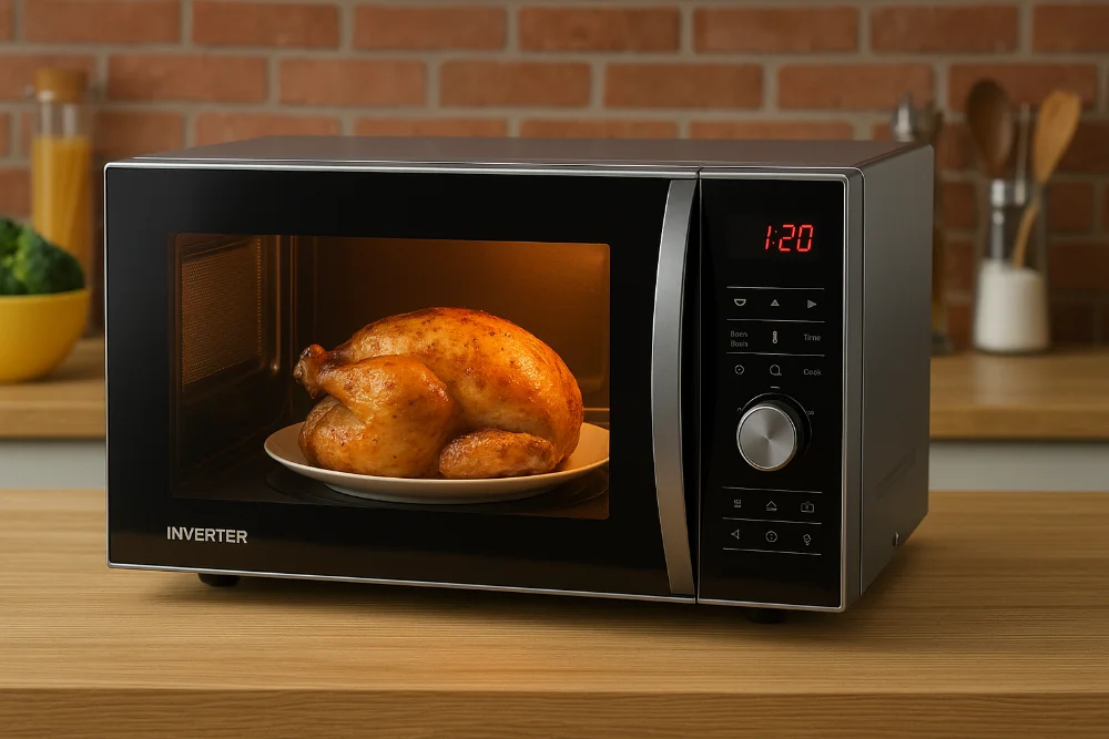 Інверторна мікрохвильова піч з запеченою куркою всередині на кухонному столі