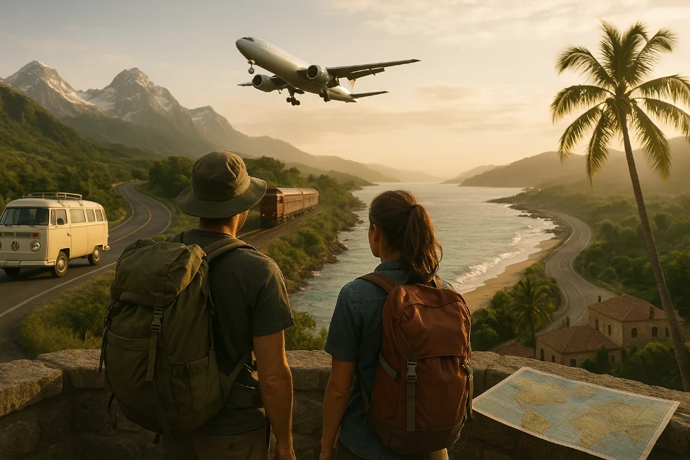 Двоє мандрівників із рюкзаками дивляться на море, гори, літак і дорогу