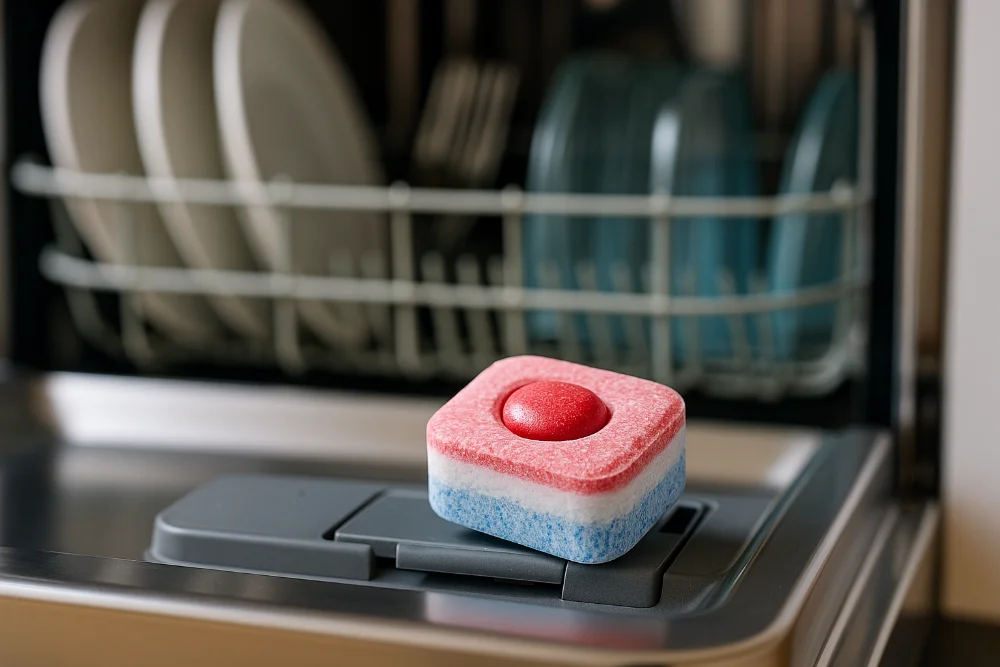 Яскраво забарвлена таблетка для посудомийки на дверцятах машини поруч із посудом