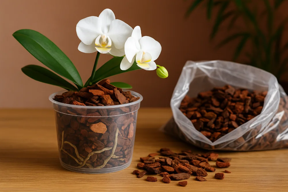 Білий фаленопсис у прозорому горщику з готовим субстратом із кори