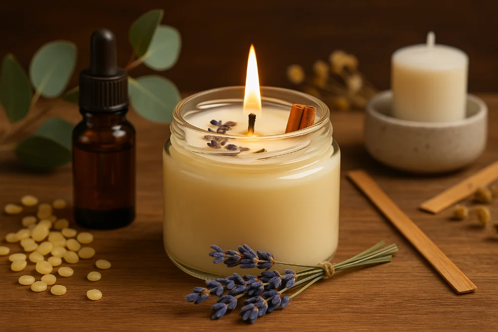 Фотографія соєвої свічки у баночці з корицею, лавандою та ефірними оліями