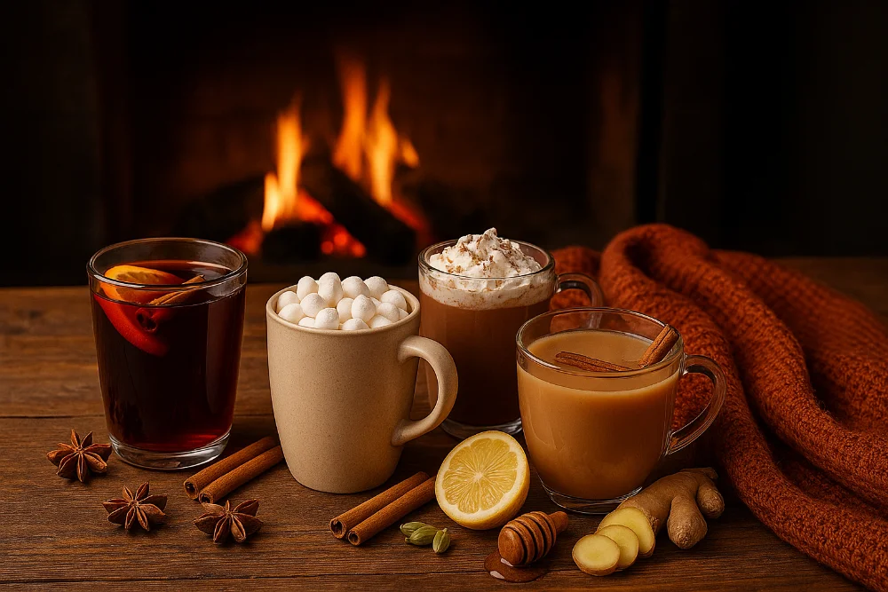 Глінтвейн, какао, гарячий шоколад і масала-чай на дерев’яному столі біля каміну