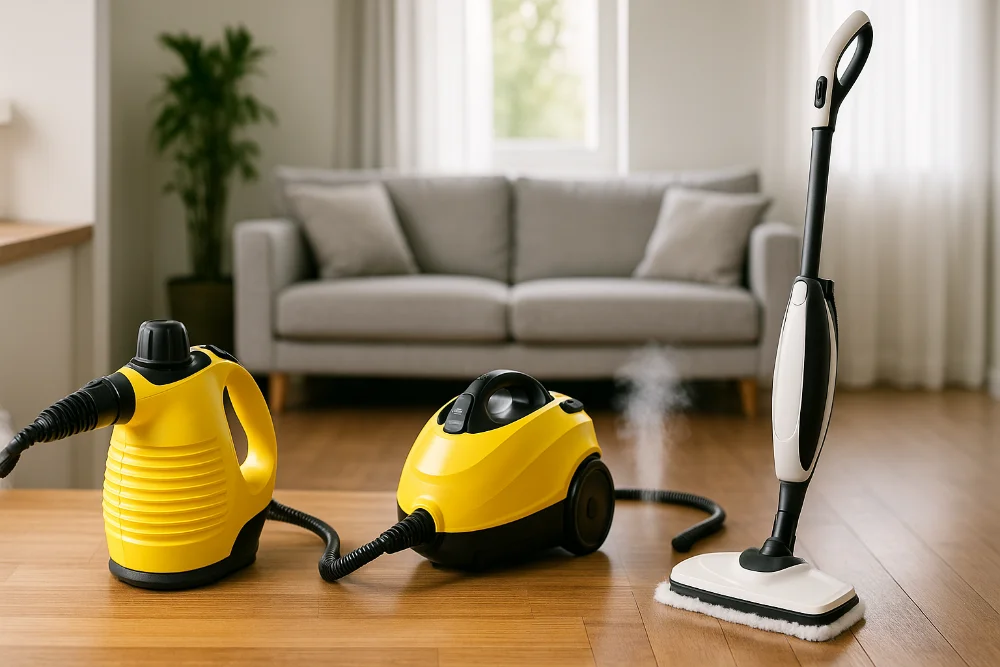 Ручний, підлоговий і професійний пароочисники у вітальні