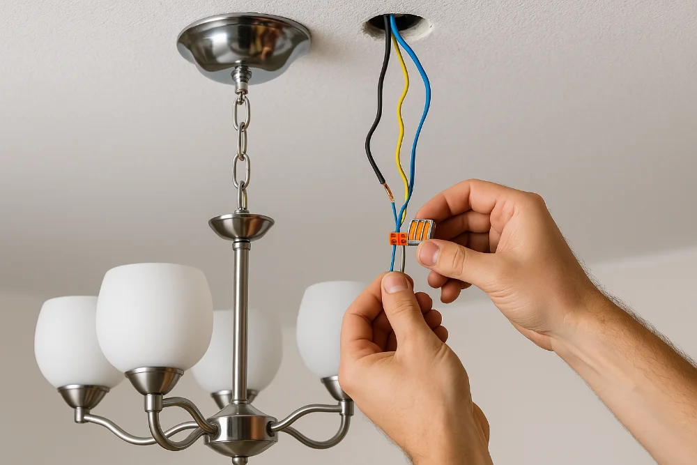Електрик підключає проводи люстри до стелі через клемники, крупний план