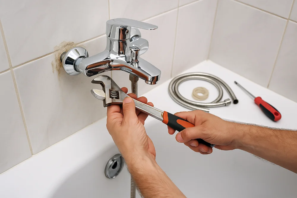 Реалістичне фото заміни змішувача у ванній з використанням інструментів