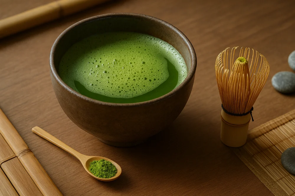 Традиційна японська піала з матча та бамбуковим вінчиком на дерев’яному столі