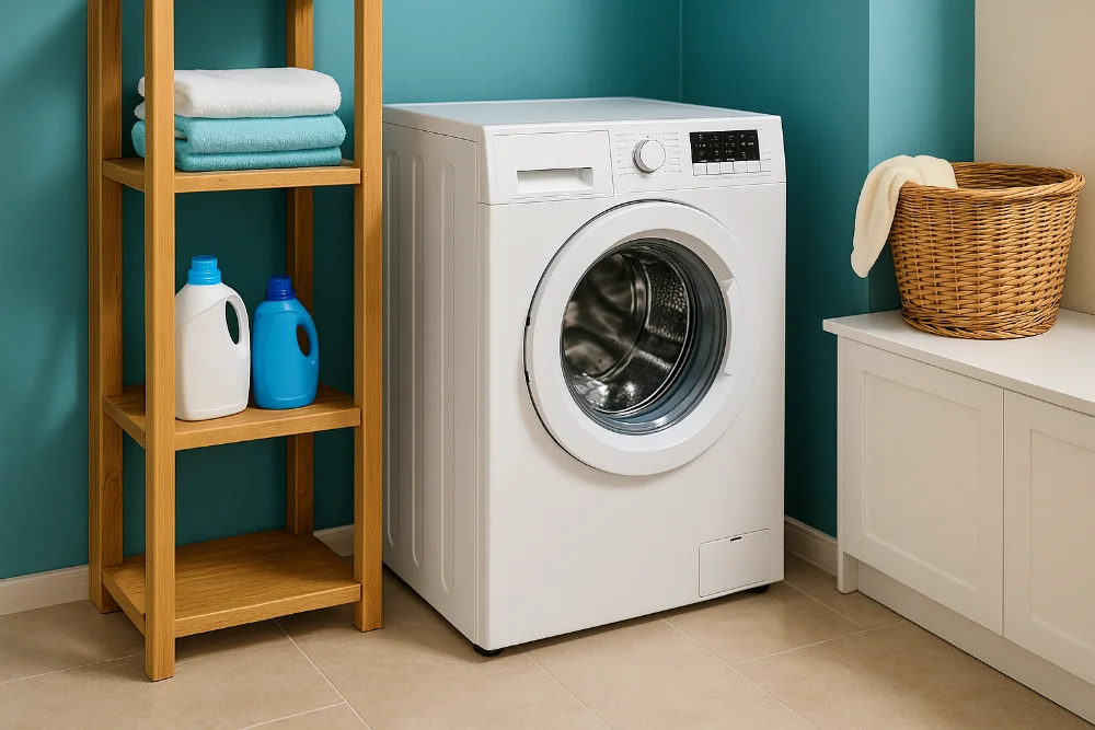 Вузька пральна машина у світлій ванній кімнаті з полицями та кошиком для білизни