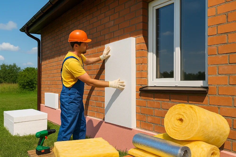 Майстер монтує утеплювач на цегляний фасад будинку для збереження тепла
