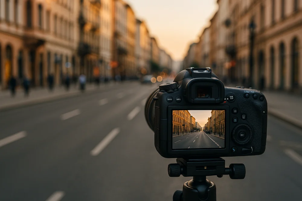 Камера на штативі знімає вулицю міста на заході сонця, чітке фото на дисплеї