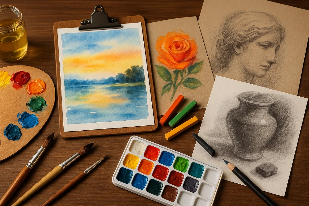 Реалістичне фото інструментів і робіт у техніках живопису та графіки